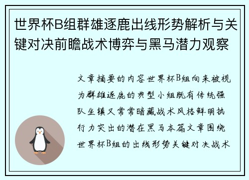 世界杯B组群雄逐鹿出线形势解析与关键对决前瞻战术博弈与黑马潜力观察
